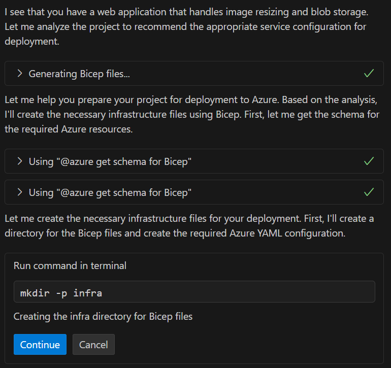 Cuplikan layar panel obrolan GitHub Copilot yang membuat direktori untuk file bicep.