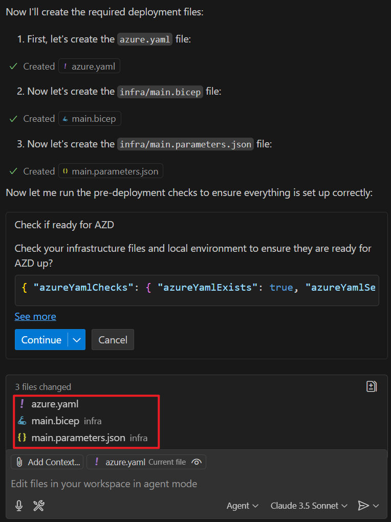 Cuplikan jendela obrolan GitHub Copilot yang menghasilkan file Bicep.
