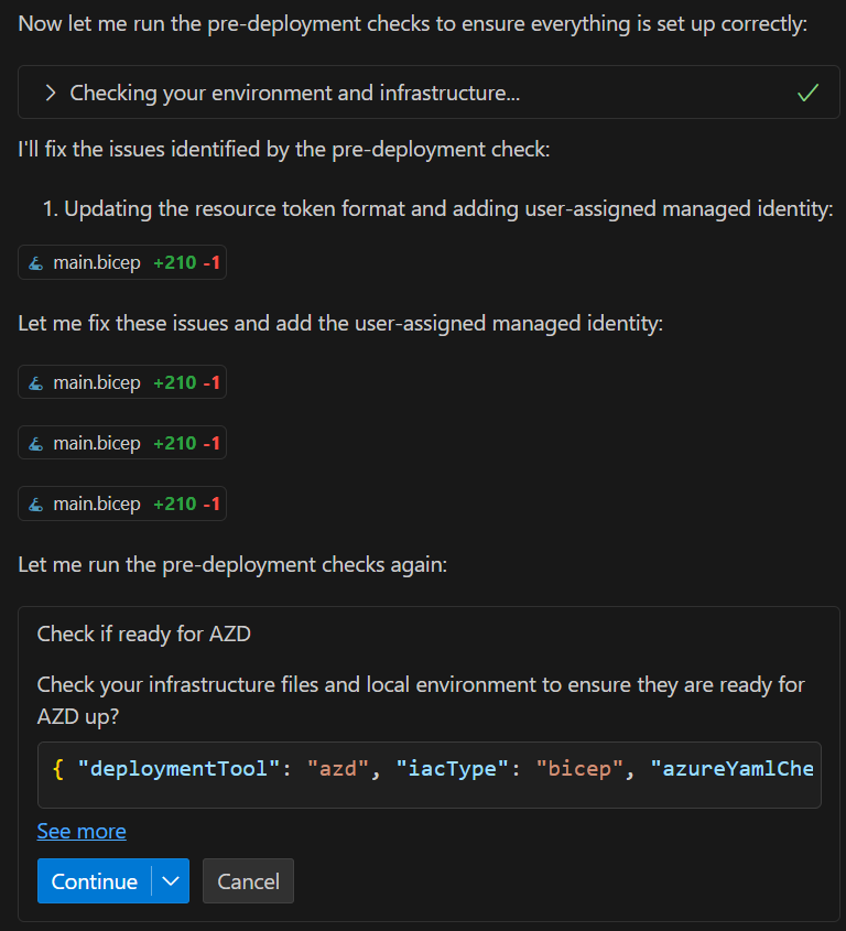 Cuplikan layar panel obrolan GitHub Copilot memeriksa masalah perbaikan file sebelum menjalankan azd up.