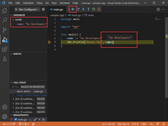 Cuplikan layar memperlihatkan menjalankan debugger di Visual Studio Code.