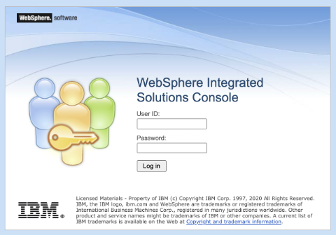 Cuplikan layar halaman masuk IBM WebSphere Integrated Solutions Console.