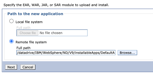 Cuplikan layar IBM WebSphere 'Tentukan modul EAR, WAR, JAR, atau SAR untuk mengunggah dan menginstal' dialog.