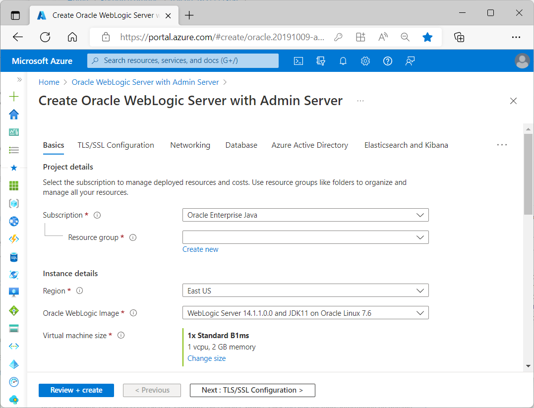 Screenshot of the Azure portal that shows the Create WebLogic Server With Admin console on Azure VM page.