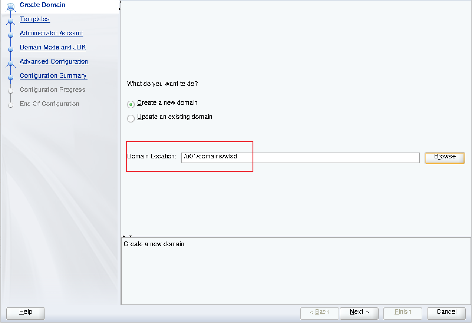 Cuplikan layar Wizard Konfigurasi Oracle - Buat Domain.