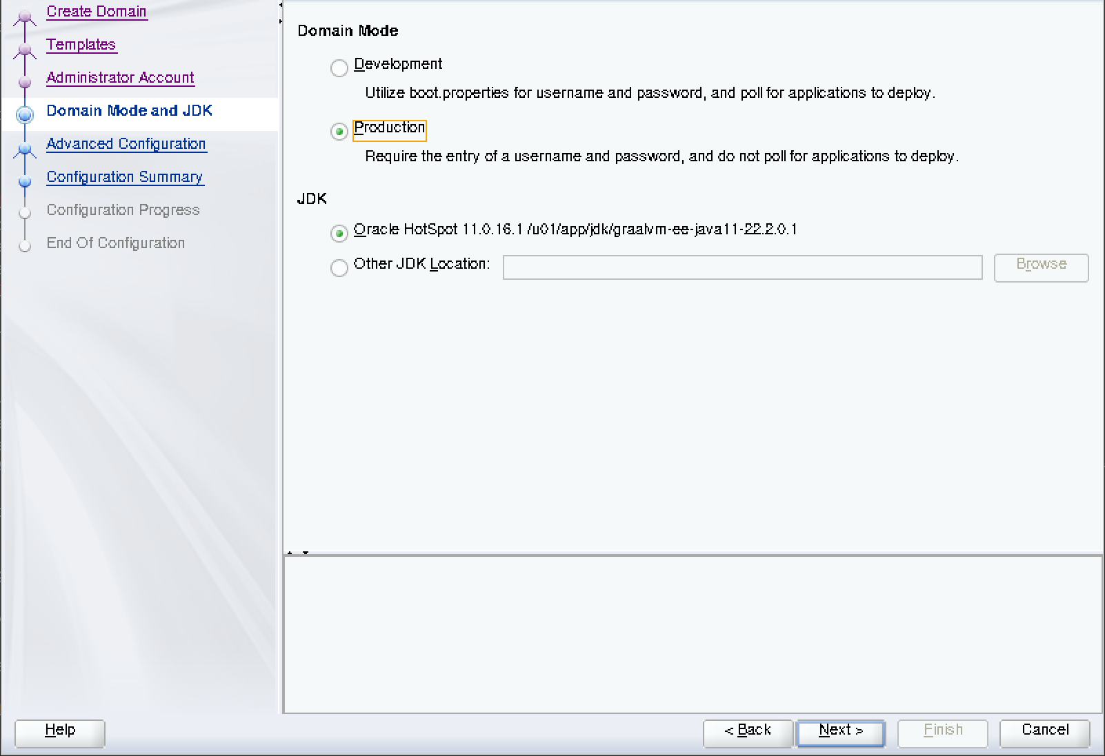 Cuplikan layar Wizard Konfigurasi Oracle - Mode Domain dan JDK.