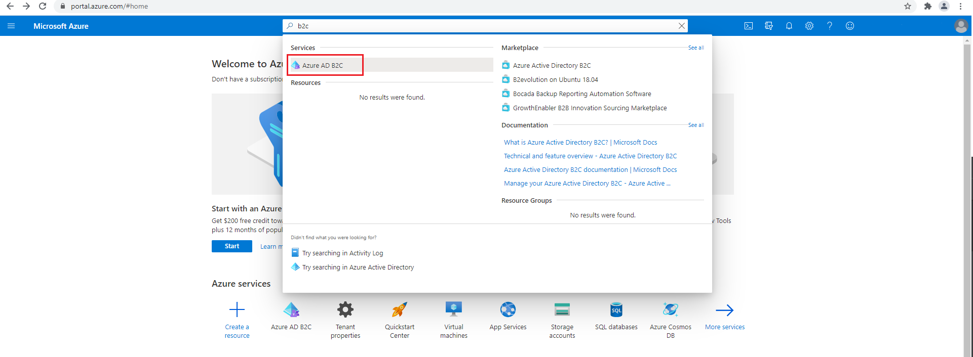 Temukan layanan Azure AD B2C.