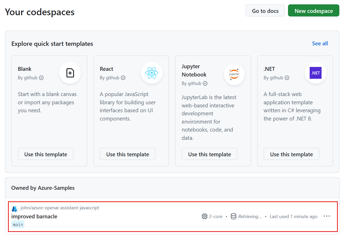 Cuplikan layar semua Codespaces yang sedang berjalan beserta status dan templatnya.