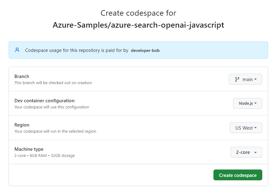 Cuplikan layar konfirmasi sebelum membuat codespace baru.