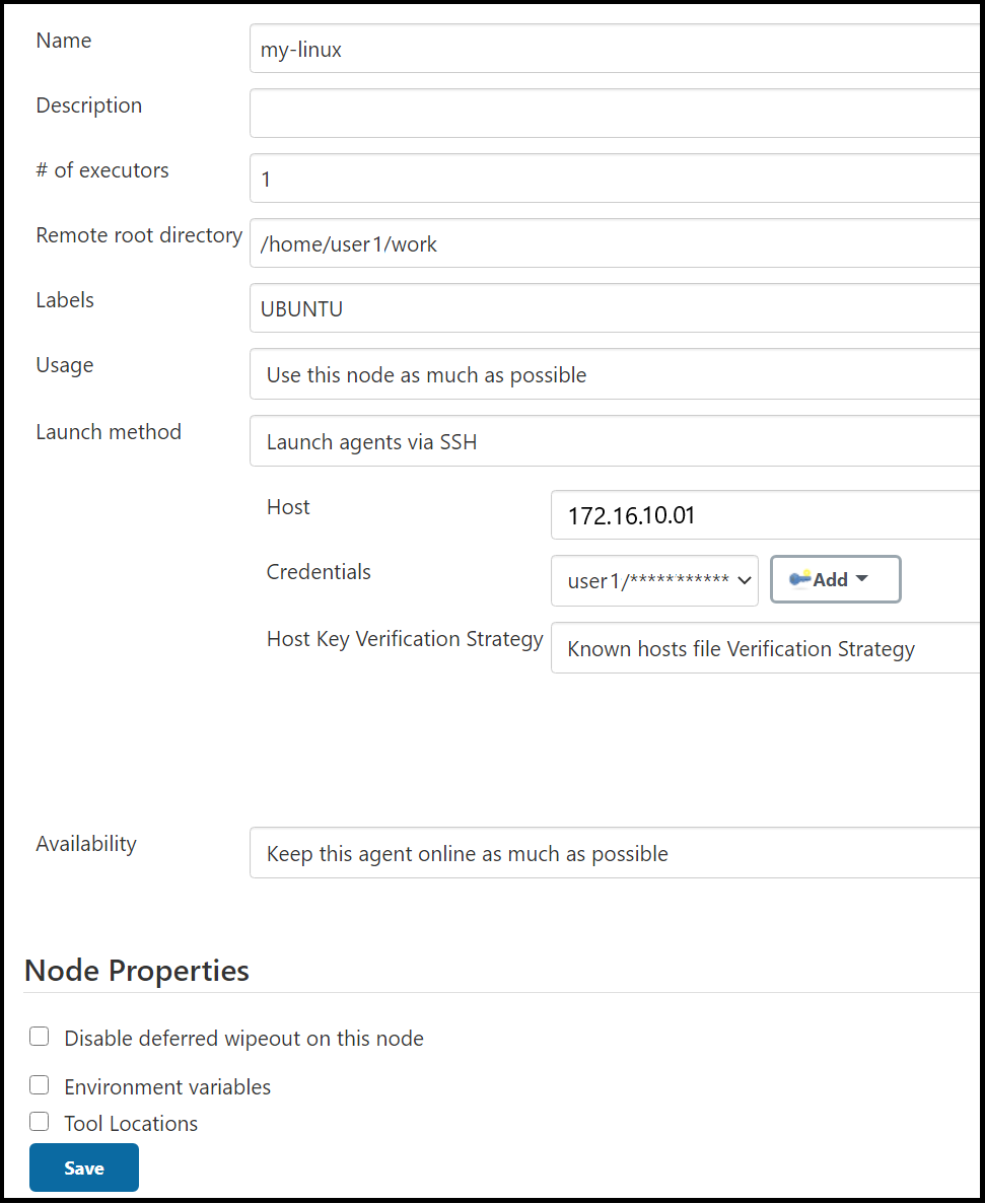 Contoh konfigurasi node yang menentukan metode peluncuran agen Peluncuran melalui SSH.