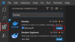 Cuplikan layar memperlihatkan cara menambahkan ekstensi Docker ke Visual Studio Code.