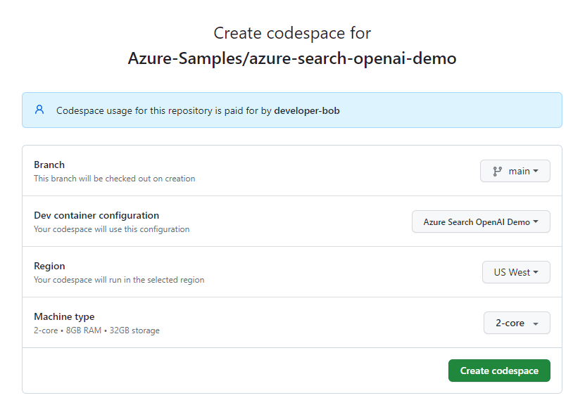 Cuplikan layar konfirmasi sebelum membuat codespace baru.