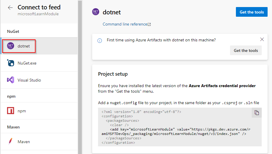 Cuplikan layar memperlihatkan cara menyambungkan ke umpan dengan dotnet.