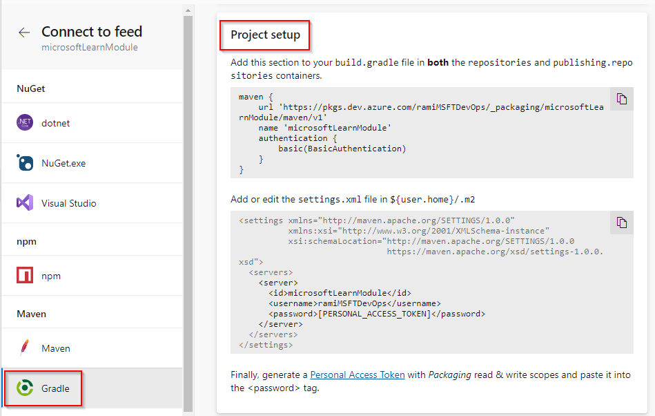 Cuplikan layar memperlihatkan cara menyambungkan ke umpan dengan proyek Gradle.