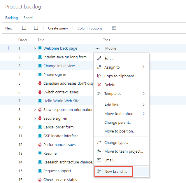 Cuplikan layar backlog, menu konteks, pilih Tautkan beberapa item backlog ke cabang git.