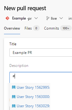Cuplikan layar daftar item kerja yang dihasilkan saat memasukkan # dalam deskripsi PR.