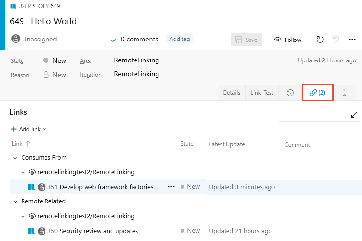 Cuplikan layar formulir Cerita Pengguna, tab Tautan, memperlihatkan dua tautan eksternal.