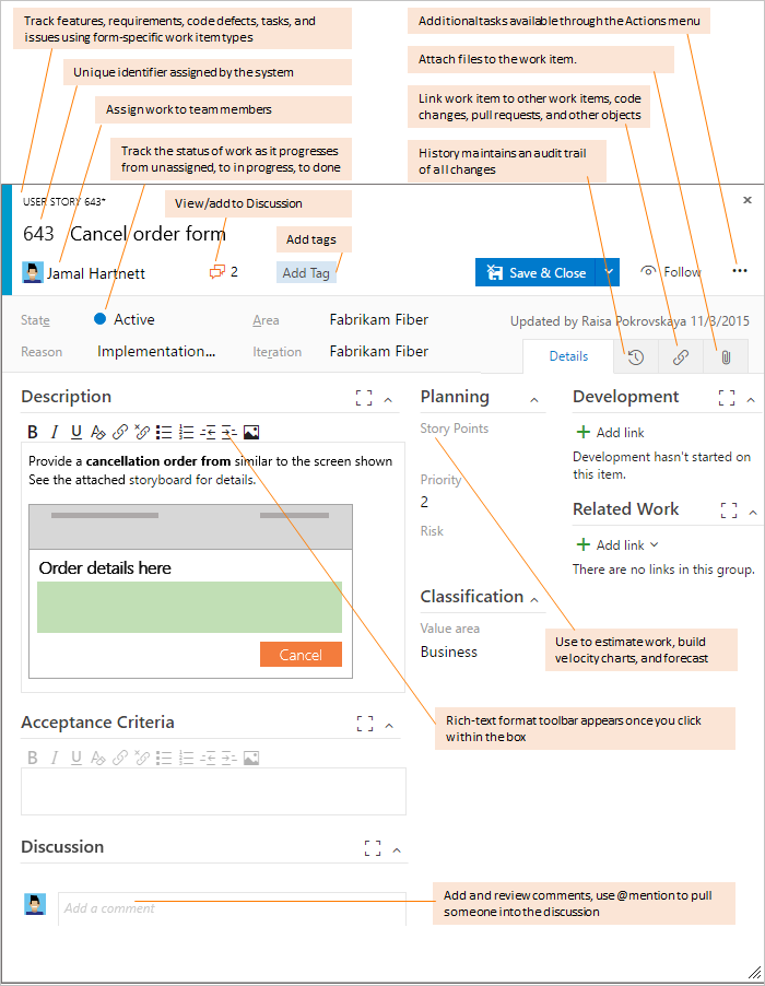 Cuplikan layar formulir Item kerja untuk melacak fitur atau cerita pengguna.
