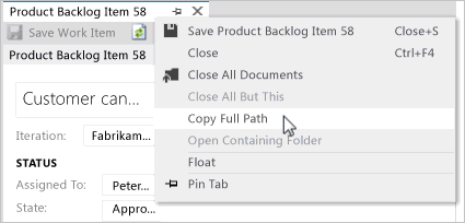 Cuplikan layar yang memperlihatkan cara menyalin hyperlink jalur lengkap untuk item kerja dari Visual Studio.