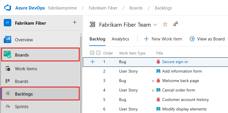Cuplikan layar pemilihan urutan untuk membuka Backlog di Papan.