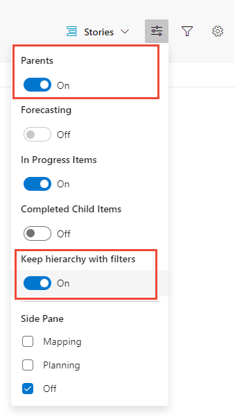 Cuplikan layar menu Opsi tampilan, Pertahankan hierarki dengan filter dipilih.