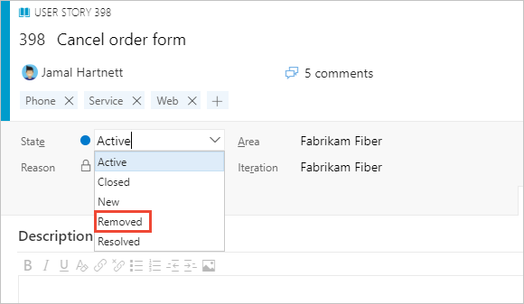 Cuplikan layar formulir item kerja, Ubah Status menjadi Dihapus.