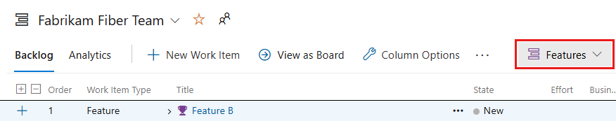Cuplikan layar pilihan tingkat backlog produk.