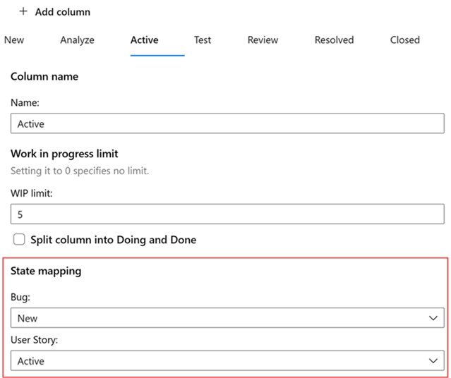 Cuplikan layar memperlihatkan bagian Pemetaan status dari halaman Edit Kolom.