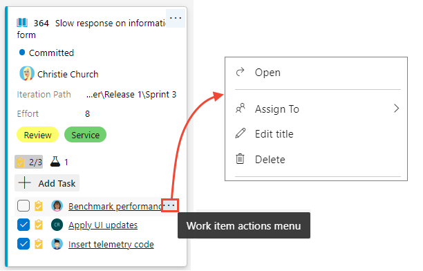 Cuplikan layar Papan, daftar tugas yang memperlihatkan avatar, dan daftar periksa menu tindakan item kerja.