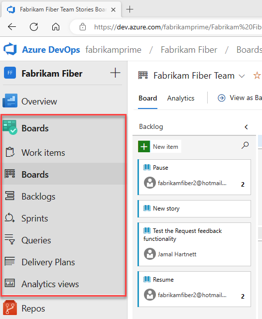 Cuplikan layar memperlihatkan hub di menu Azure Boards.