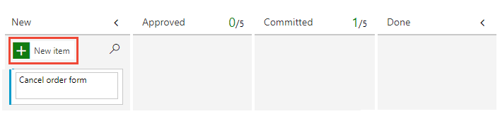 Cuplikan layar memperlihatkan penambahan item backlog baru di papan item Backlog.