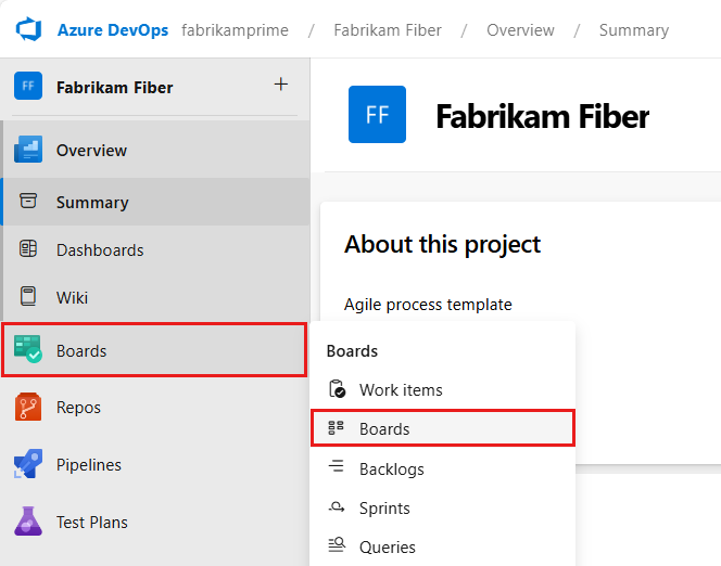 Cuplikan layar memperlihatkan navigasi ke Papan di menu proyek.