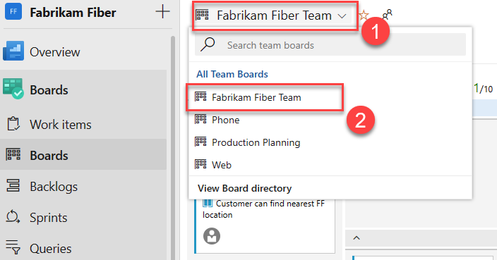 Cuplikan layar memperlihatkan Semua Papan Tim untuk dipilih, tercantum di menu dropdown.