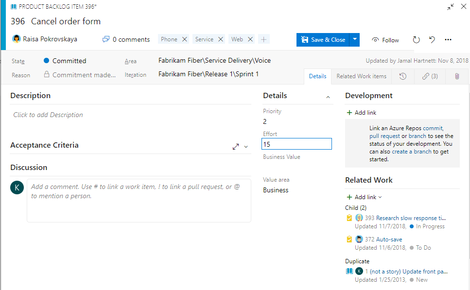 Cuplikan layar yang memperlihatkan penambahan detail ke formulir item kerja backlog Produk Scrum.