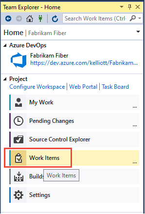Cuplikan layar beranda Team Explorer, pilih Item Kerja.