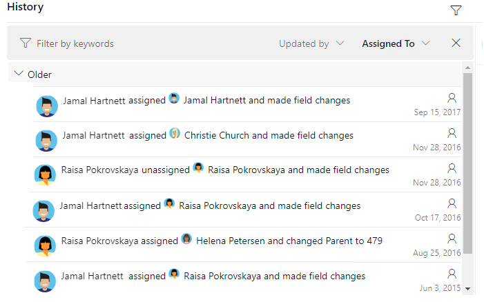 Cuplikan layar yang memperlihatkan tampilan Riwayat pemfilteran menurut bidang Ditetapkan Ke.