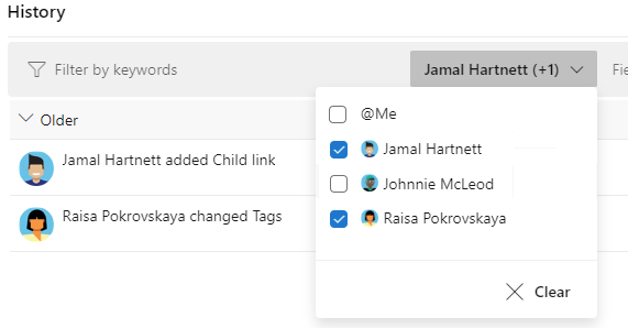 Cuplikan layar yang memperlihatkan pemfilteran tampilan Riwayat menurut orang.
