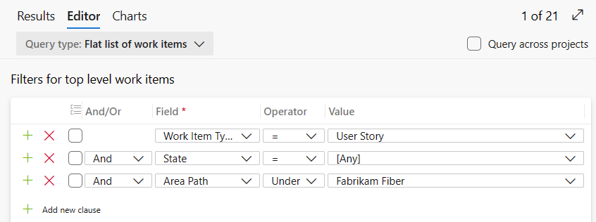 Cuplikan layar memperlihatkan Editor kueri, daftar datar, buka cerita.