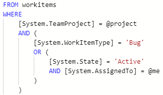 Cuplikan layar ekspresi logis. Operator OR menautkan jenis item Kerja ke bidang Status dan Ditetapkan ke, yang ditautkan oleh operator AND.