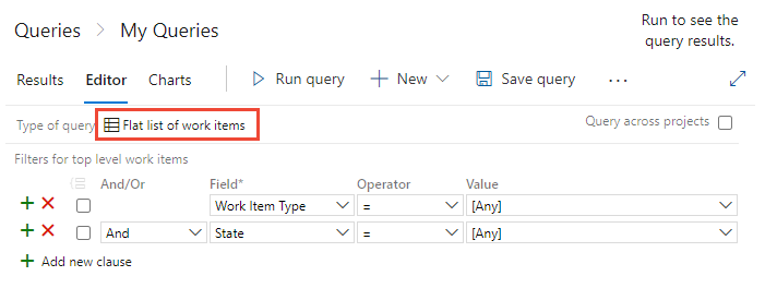 Screenshot Query Editor dengan daftar item kerja dalam bentuk datar dipilih.
