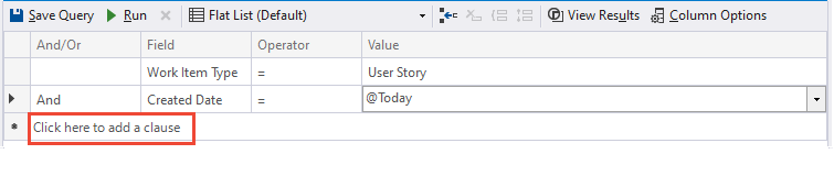 Cuplikan layar Visual Studio Editor Kueri, tambahkan klausa baru.