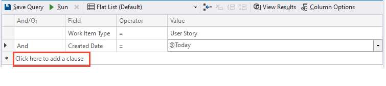 Cuplikan layar Visual Studio Query Editor, klausa masukan.