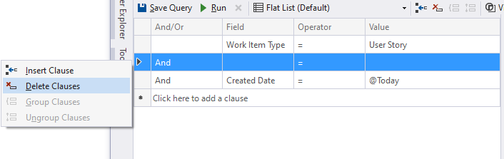Screenshot Visual Studio Query Editor, menu konteks untuk memasukkan klausa dan menghapus clause.