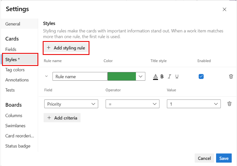 Cuplikan layar dialog konfigurasi aturan gaya.