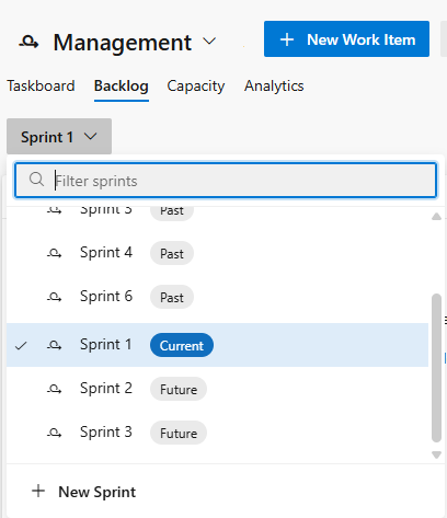 Cuplikan layar yang memperlihatkan sprint yang dipilih untuk tim di Backlogs.