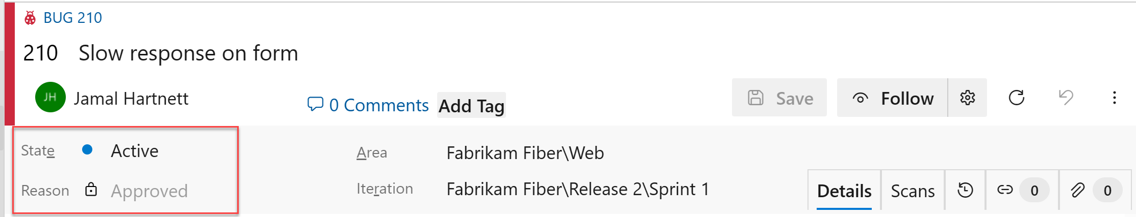 Cuplikan layar formulir item kerja Bug, area header.