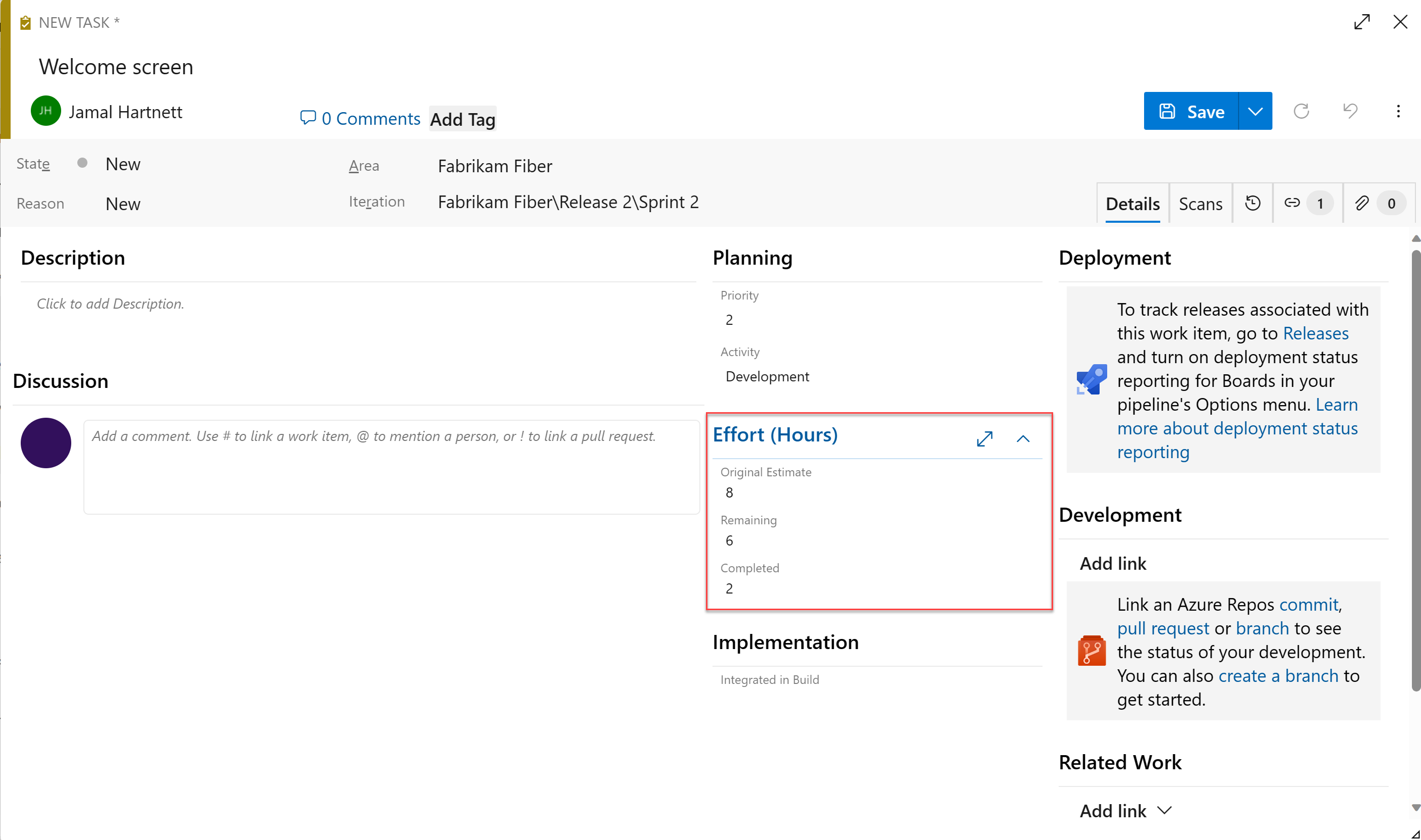 Cuplikan layar formulir item kerja tugas Agile.