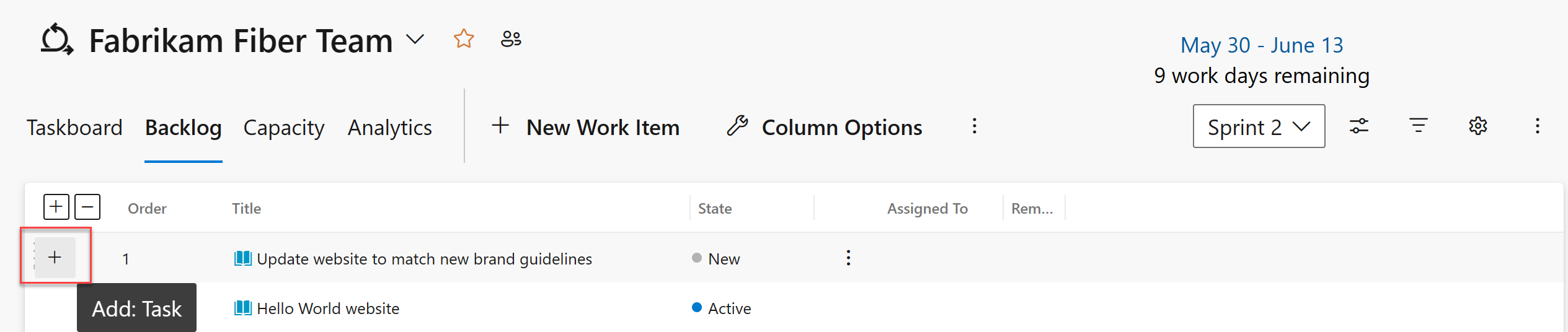 Cuplikan layar backlog Sprint, tambahkan tugas.