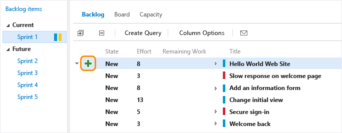 Cuplikan layar backlog Sprint, Tambahkan tugas ke item di backlog sprint.