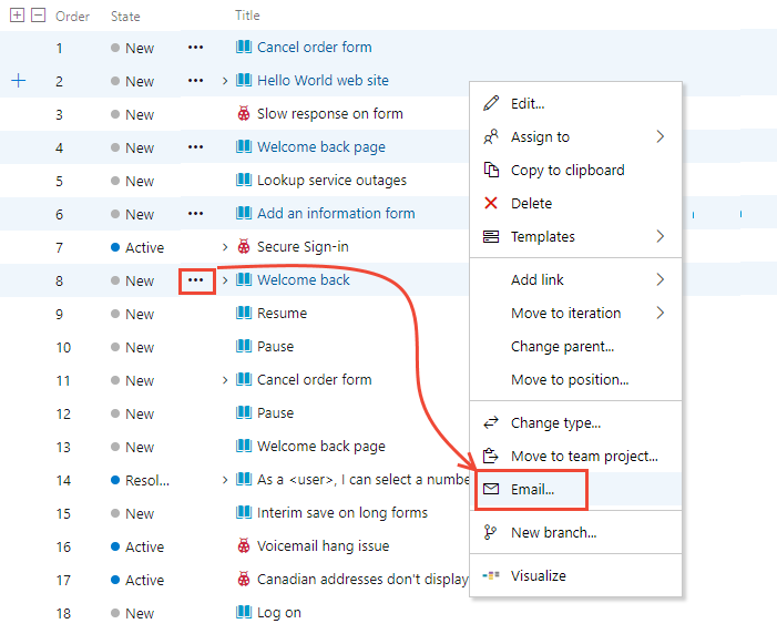 Cuplikan layar backlog, menu konteks, Email... Pilihan.