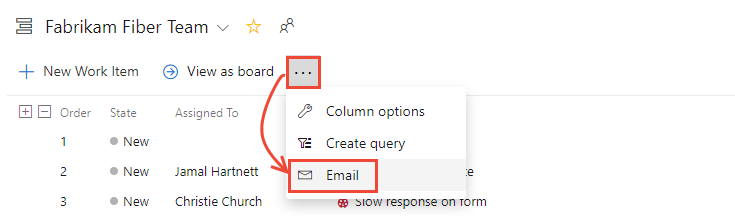Cuplikan layar backlog, menu konteks, opsi Email..., TFS 2018 dan versi yang lebih baru.